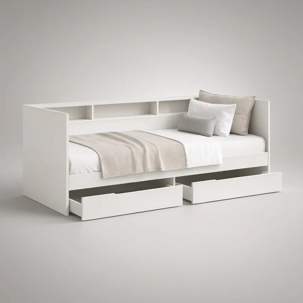 White Twin Daybed Frame with Storage Drawers and Back Shelves, 78 x 42 x 36 in