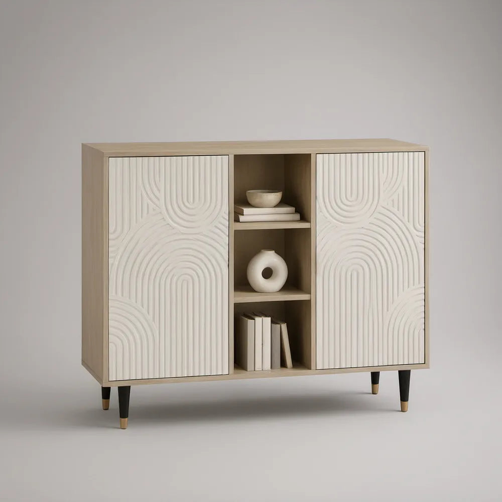 47.2 in Natural Oak and White Storage Cabinet with 2 Textured Doors, 3 Open Shelves, and Black Gold-Tip Legs