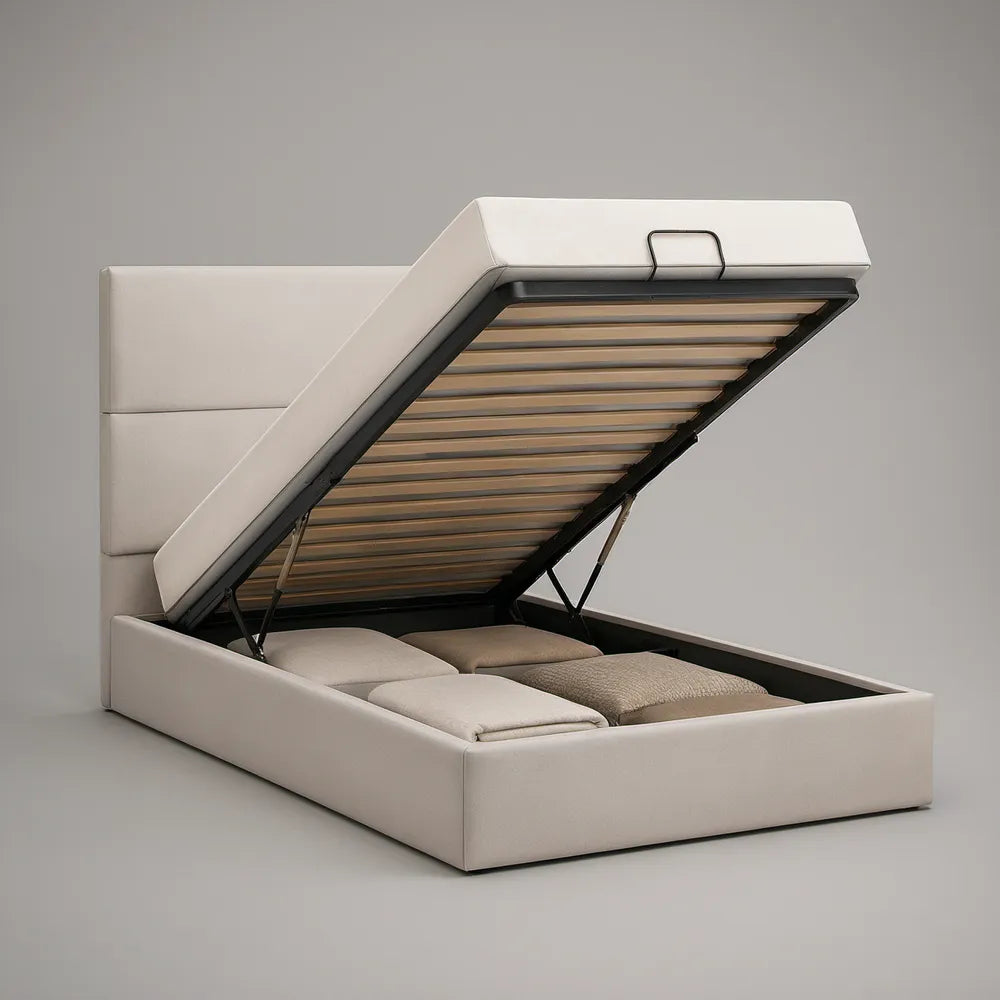 White PU Leather Queen Lift-Up Storage Bed Frame, Fits 80 x 60 in Mattress, 85 x 64 x 46 in Overall