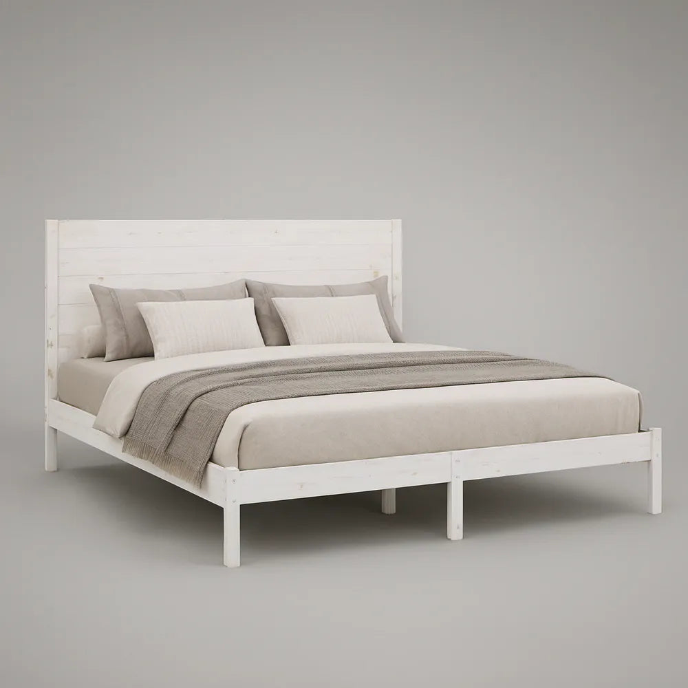 White Solid Pine Queen Platform Bed Frame with Plank Headboard, 65 x 85 x 48 in