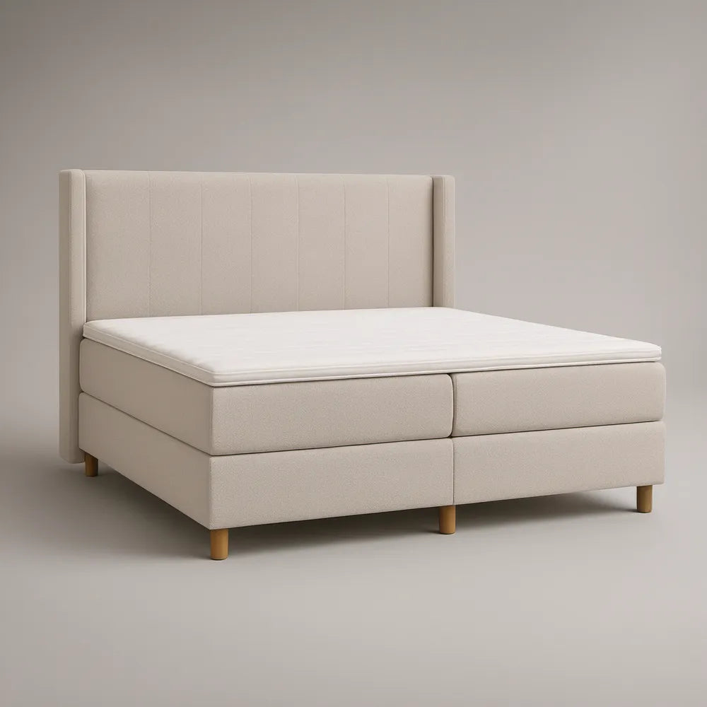 Queen Cream Upholstered Platform Bed Frame with Natural Brown Legs, 64 x 85 x 46 in