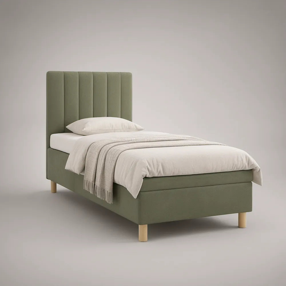 Twin Upholstered Bed Frame with Vertical Channel Headboard, Sage Green with Natural Legs, 41 x 78 x 48 in