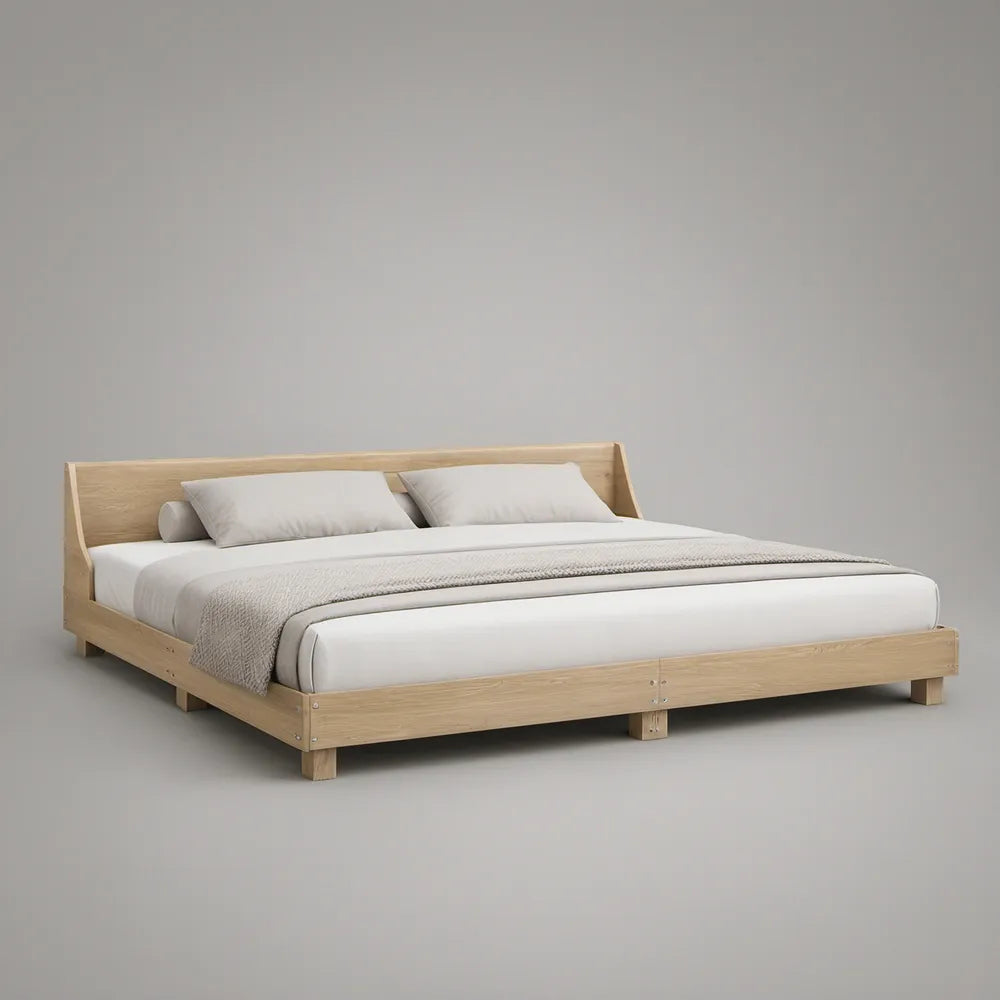 Queen Platform Bed Frame, 85 x 64 x 38 in, Solid Rubberwood, Natural Light Brown