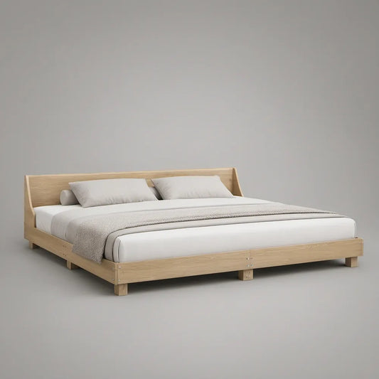 Queen Platform Bed Frame, 85 x 64 x 38 in, Solid Rubberwood, Natural Light Brown