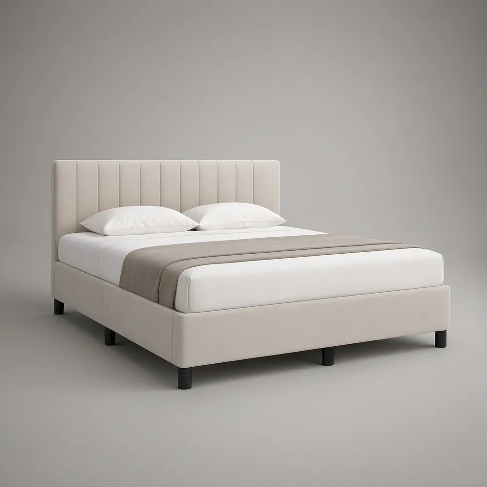 Queen Beige Upholstered Platform Bed with Channel-Tufted Headboard, 86 x 66 x 48 in
