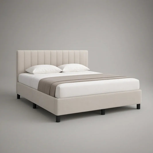 Queen Beige Upholstered Platform Bed with Channel-Tufted Headboard, 86 x 66 x 48 in