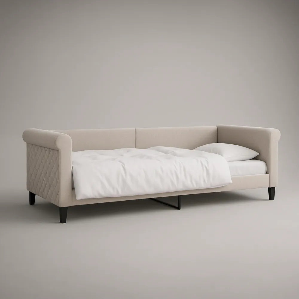 Beige Twin Upholstered Daybed Frame with Quilted Side Panels, 78 x 41 x 34 in