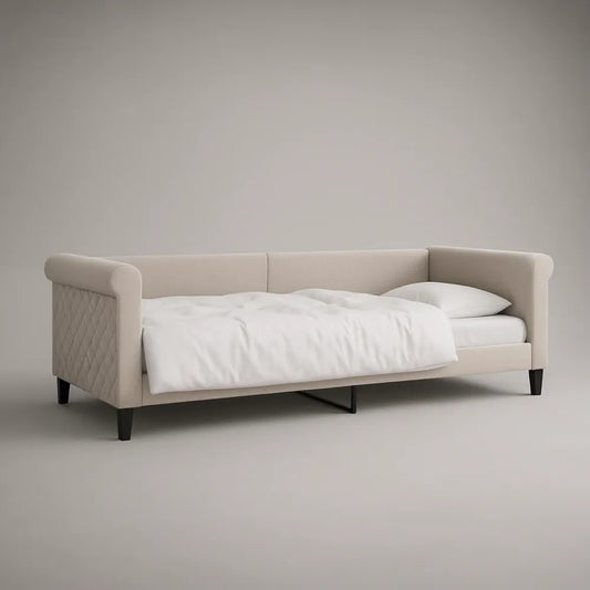 Beige Twin Upholstered Daybed Frame with Quilted Side Panels, 78 x 41 x 34 in