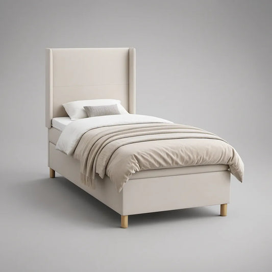 Twin Beige Upholstered Platform Bed with Wingback Headboard, 41 x 78 x 52 in