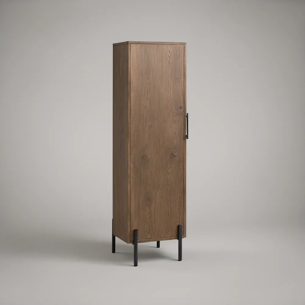 Tall Oak Veneer Storage Cabinet with Black Steel Legs, Brown/Black, 23.6 x 15.7 x 70.9 in