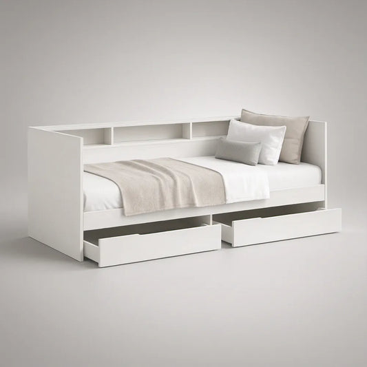 White Twin Daybed Frame with Storage Drawers and Back Shelves, 78 x 42 x 36 in