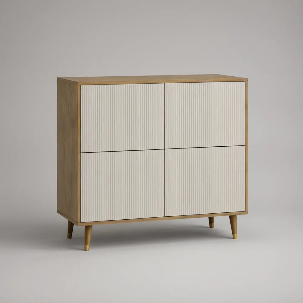 120 x 40 x 100 cm Natural Oak and White Fluted Door Storage Cabinet with 4 Doors