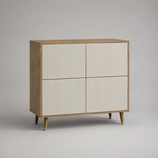 120 x 40 x 100 cm Natural Oak and White Fluted Door Storage Cabinet with 4 Doors