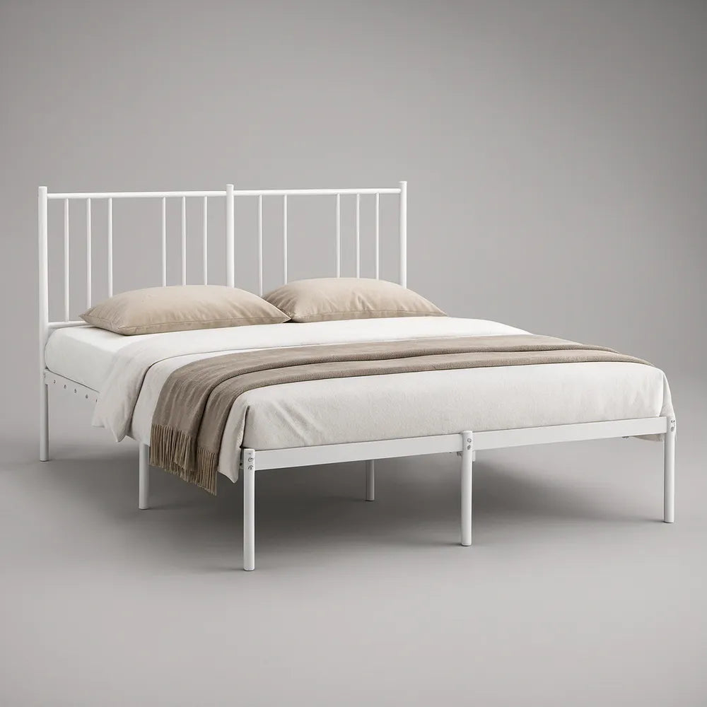 White Steel Queen Platform Bed Frame with Spindle Headboard, 60 x 80 in