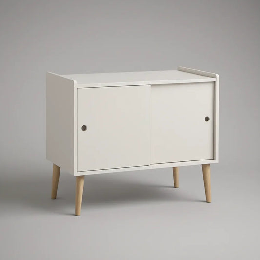 White/Natural 2-Door Storage Cabinet with Rubberwood Legs, 31.5 in W x 15.7 in D x 31.5 in H