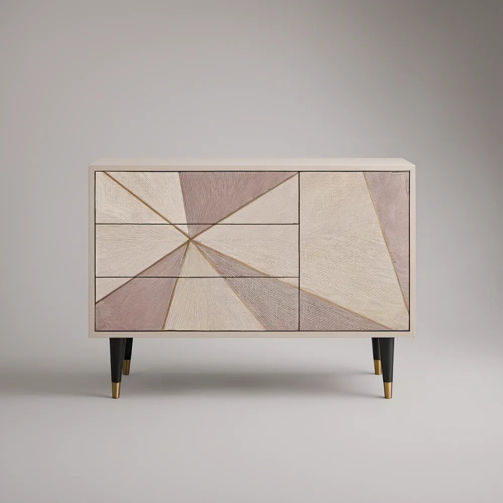 47.24 x 15.75 x 31.50 in White and Blush Pink MDF Cabinet with 3 Drawers, Black and Brass Legs