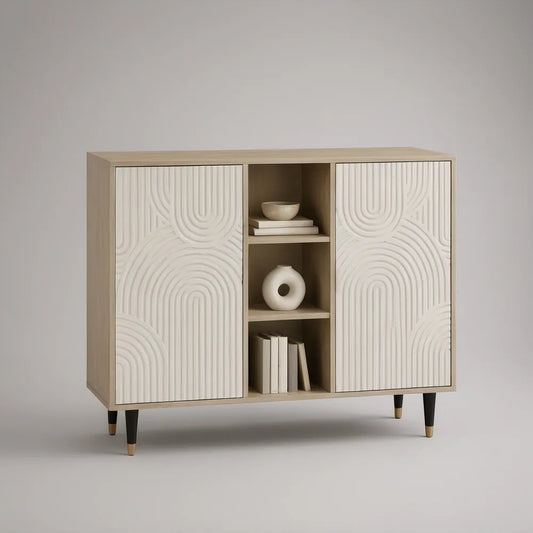47.2 in Natural Oak and White Storage Cabinet with 2 Textured Doors, 3 Open Shelves, and Black Gold-Tip Legs