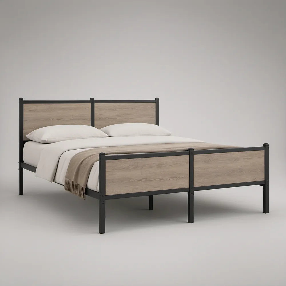Queen Steel and Engineered Wood Platform Bed Frame, 60 x 80 in, Gray/Black