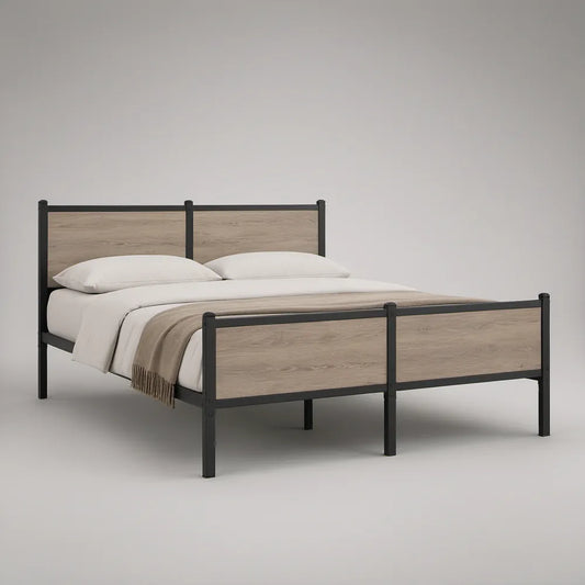 Queen Steel and Engineered Wood Platform Bed Frame, 60 x 80 in, Gray/Black