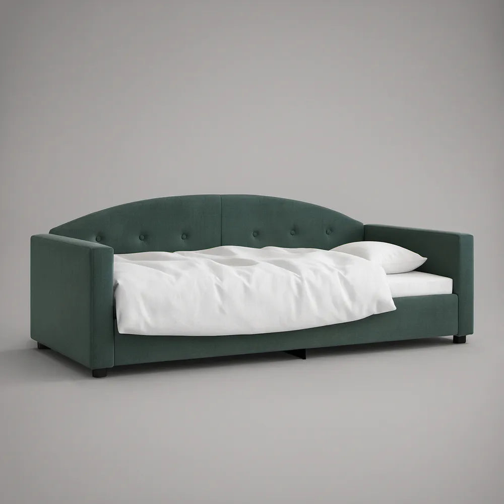 Twin Upholstered Daybed Frame, 85 x 42 x 34 in, Curved Button-Tufted Velvet, Dark Green