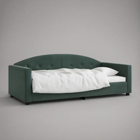 Twin Upholstered Daybed Frame, 85 x 42 x 34 in, Curved Button-Tufted Velvet, Dark Green
