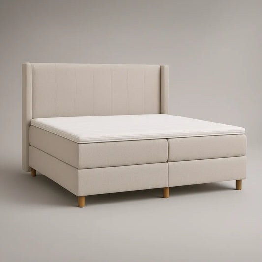 Queen Cream Upholstered Platform Bed Frame with Natural Brown Legs, 64 x 85 x 46 in