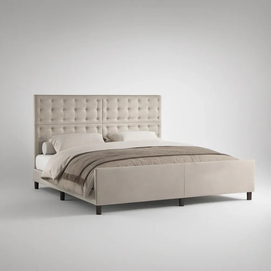 Queen Beige Polyester Upholstered Platform Bed with Tufted Headboard, 85 x 64 x 56 in