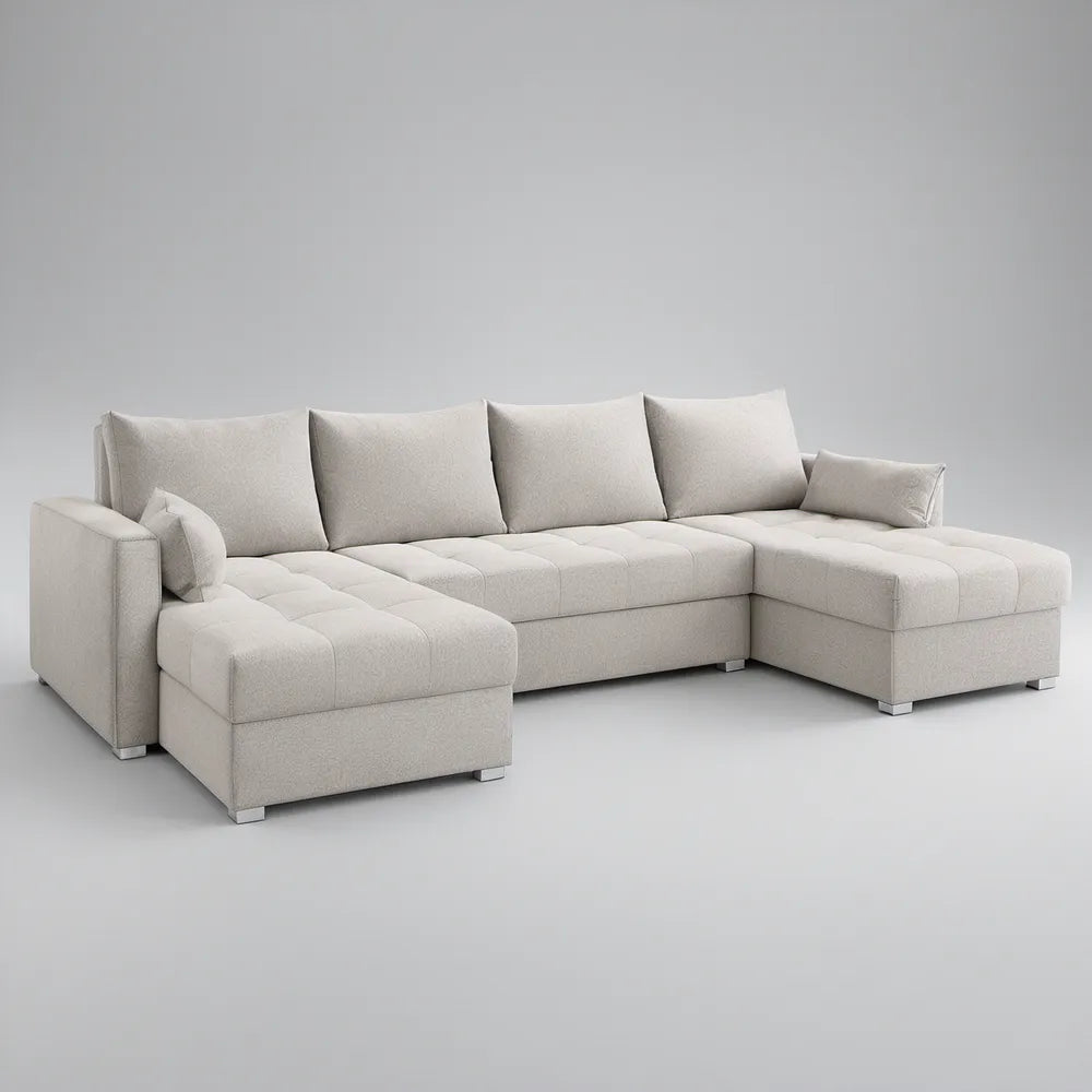 Ivory U-Shaped Sectional Sofa with Double Chaise, 130 x 65 x 33.5 in