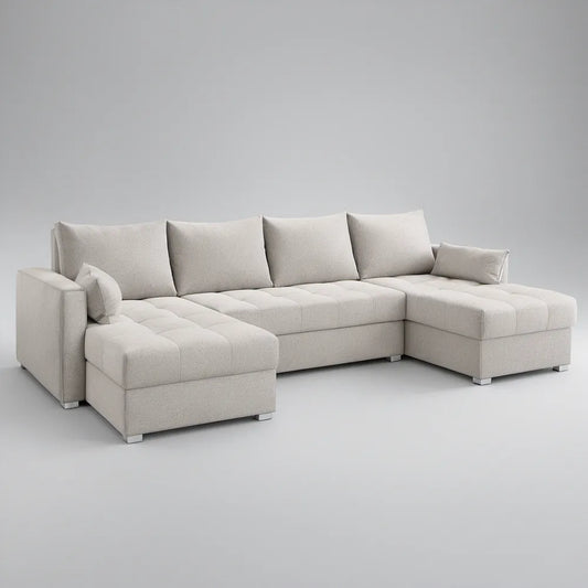 Ivory U-Shaped Sectional Sofa with Double Chaise, 130 x 65 x 33.5 in
