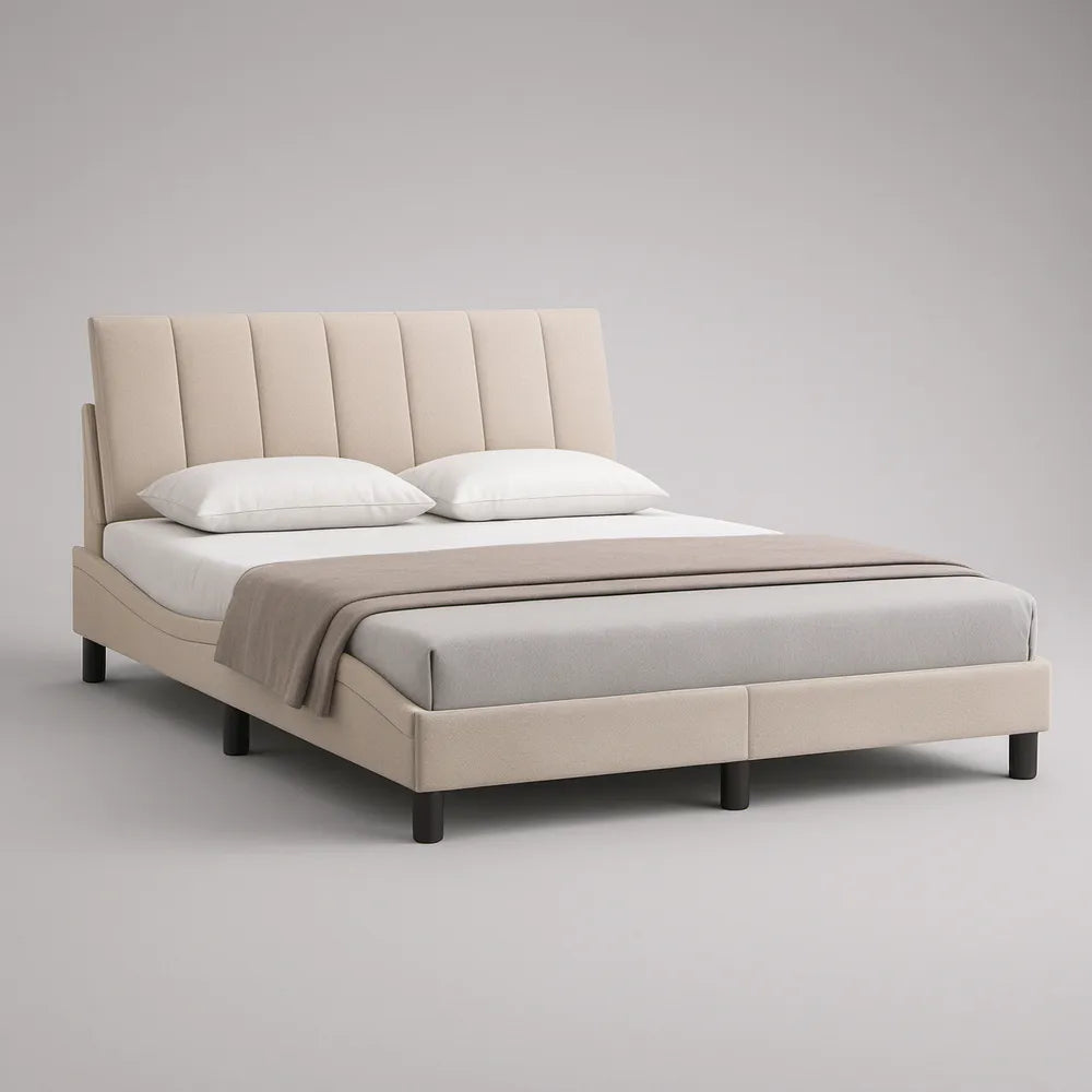 Queen Beige Upholstered Platform Bed Frame with Channel-Tufted Headboard, 65 x 87 x 47 in