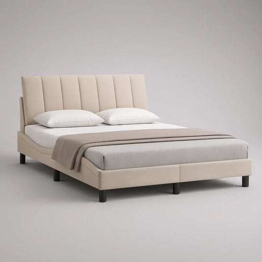 Queen Beige Upholstered Platform Bed Frame with Channel-Tufted Headboard, 65 x 87 x 47 in
