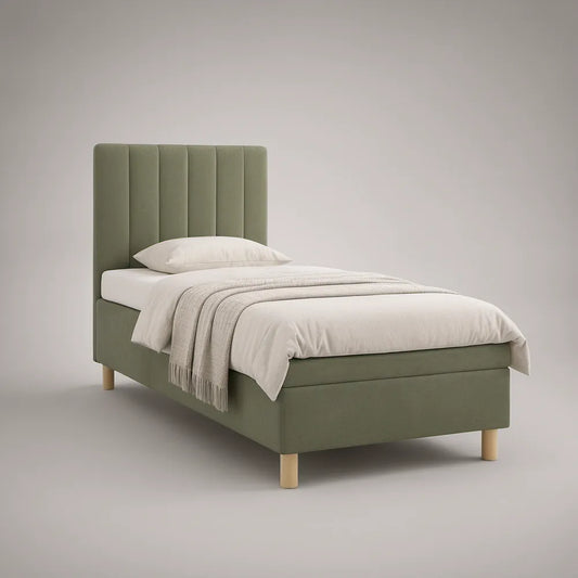 Twin Upholstered Bed Frame with Vertical Channel Headboard, Sage Green with Natural Legs, 41 x 78 x 48 in