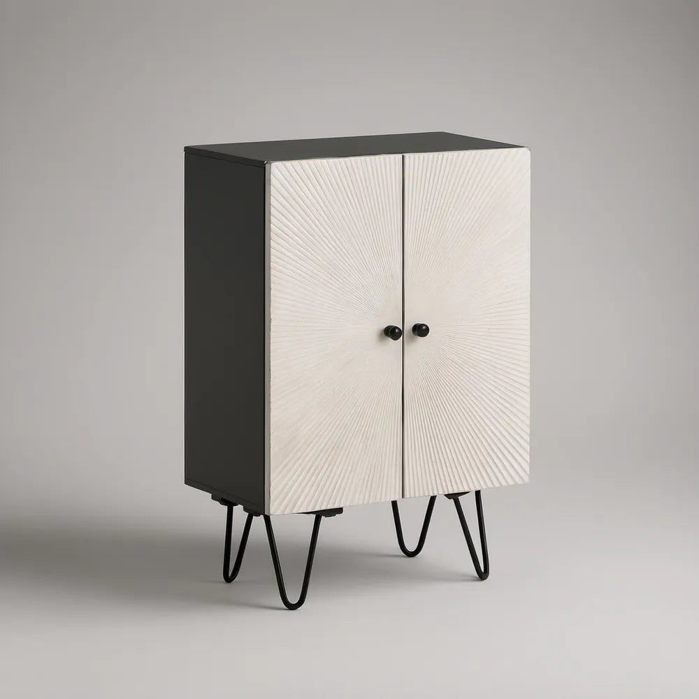 Modern 2-Door Black and White MDF Storage Cabinet, 31.5 x 15.7 x 47.2 in, Textured Doors with Steel Hairpin Legs