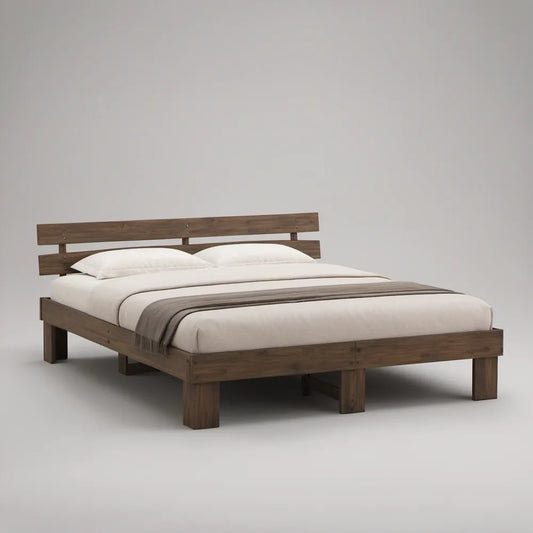 Queen Solid Pine Wood Platform Bed Frame with Headboard, Brown, 83 x 63 x 40 in