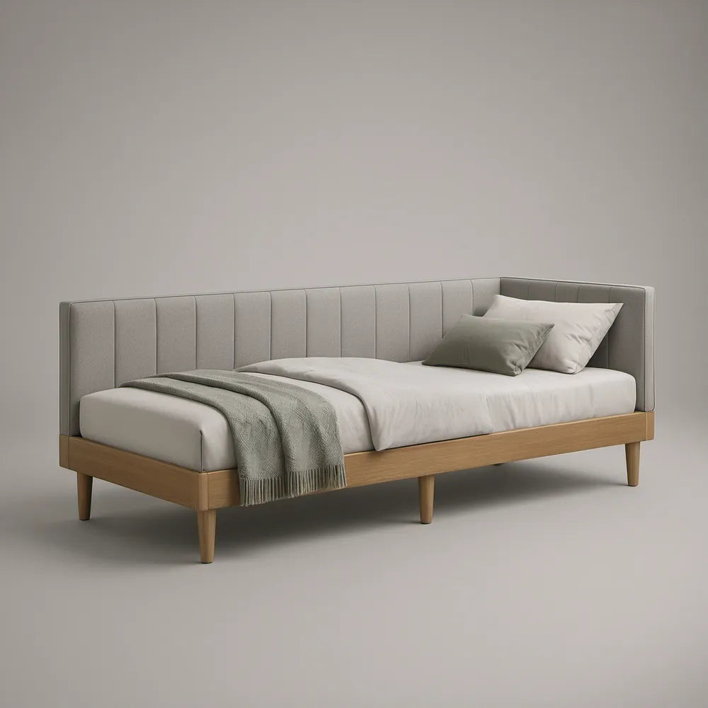 Twin Size Gray Upholstered Daybed with Natural Rubberwood Frame, 79 x 42 x 36 in