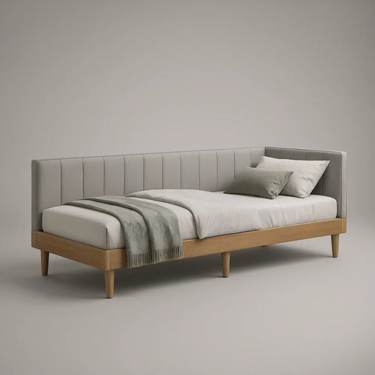 Twin Size Gray Upholstered Daybed with Natural Rubberwood Frame, 79 x 42 x 36 in